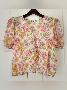 Rose & Olive Floral Tie-Front Puff Sleeve Blouse in Pink and Yellow